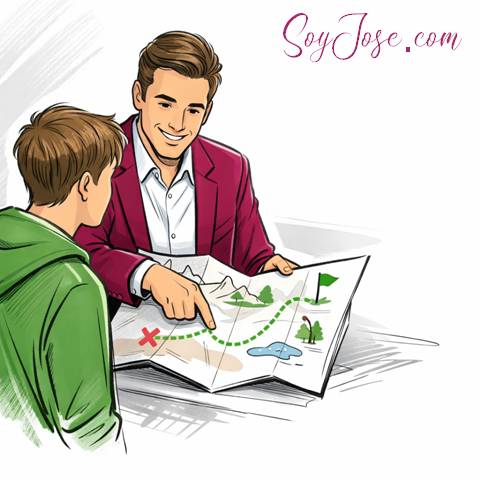 Un líder amable y profesional está de pie junto a una persona, mostrándole un mapa de papel real desplegado. El líder señala un camino en el mapa con una expresión tranquila y alentadora.